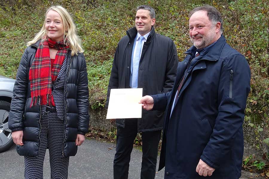 Vororttermin in Ravenstein mit Umweltministerin Thekla Walker,  NOW-Geschäftsführer Dr. Jochen Damm und Bürgermeister Ralf Kilian.